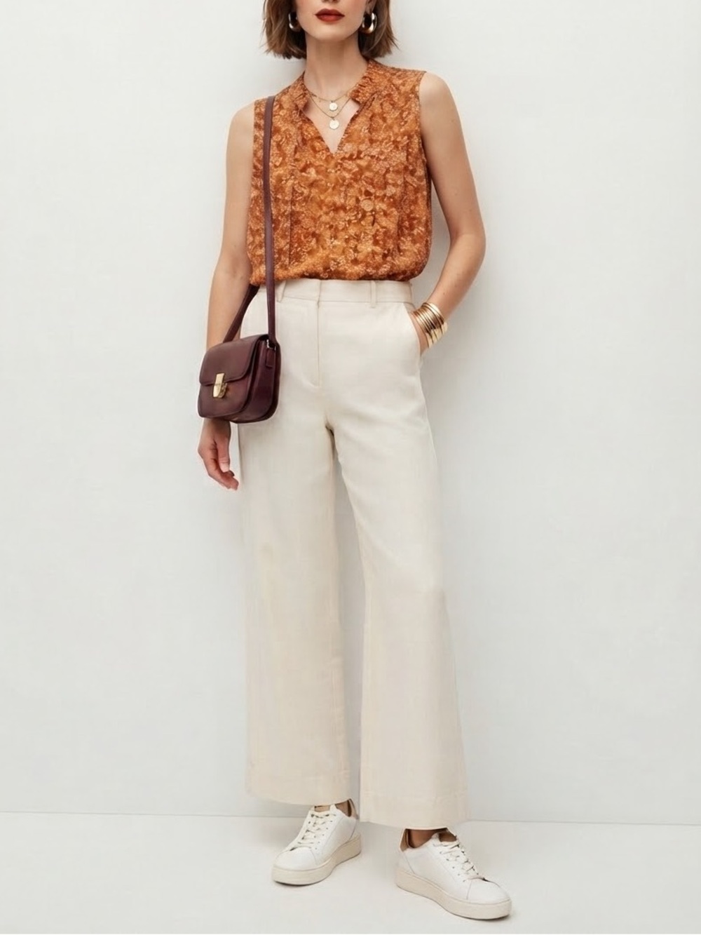 Sonoma Floral Ruffle Neck Sleeveless Top - Rust Orange